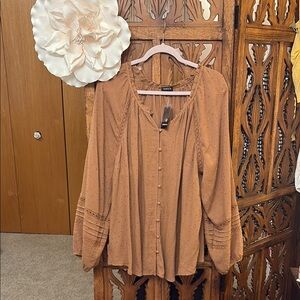 Textured Rust Brown Button-Front Peasant Blouse
